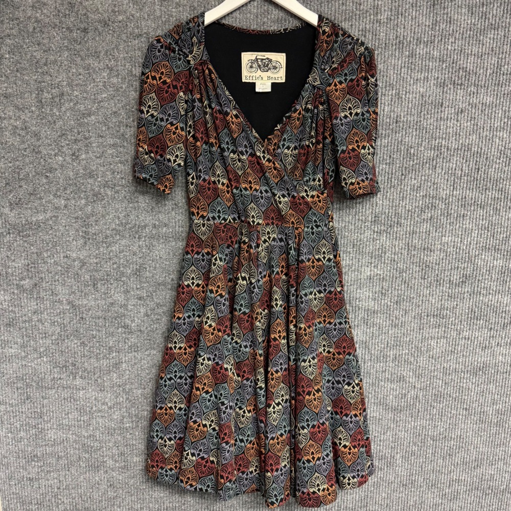 Effies Heart Art Nouveau Fan Print Faux Wrap Fit & Flare Pocket Dress Small